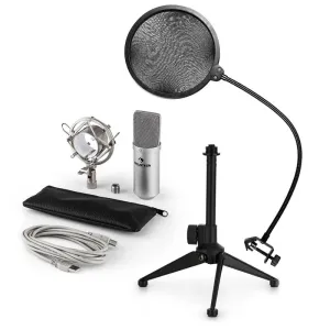 Auna MIC-900S V2, USB mikrofon set, srebrni, kondenzatorski mikrofon + pop-filter + stalak za stol