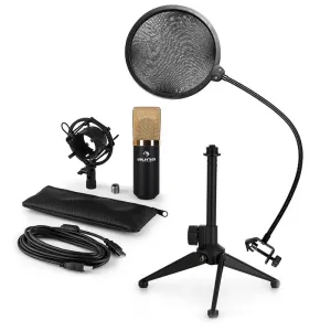 Auna MIC-900BG-LED V2, USB mikrofon set, crno-zlatni, kondenzatorski mikrofon + pop-filter + stalak za stol