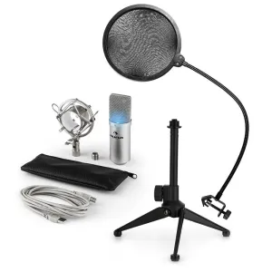 Auna MIC-900S-LED V2, USB mikrofon set, srebrni, kondenzatorski mikrofon + pop-filter + stalak za stol