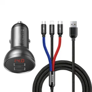Baseus Digital 2x USB auto punjač + 3in1 kabel USB - UBS C / Micro USB / Lightning 1.2m, crno #362023