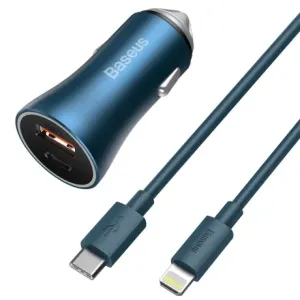 Baseus Golden Contactor Pro auto punjač USB-C / USB 40W PD QC + kabel USB-C / Lightning, plava #362049