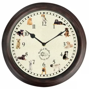 Nástěnné hrací hodiny s motivem psů, Esschert Design, průměr 30 cm, hnědé