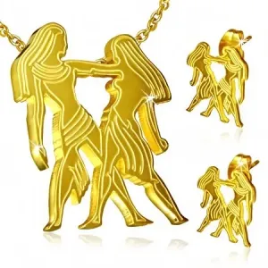 Čelični set zlatne boje, naušnice i privjesak, horoskopski znak blizanaca