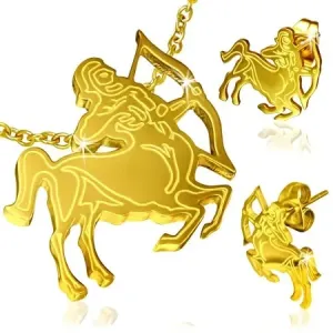 Čelični set zlatne boje, naušnice i privjesak, horoskopski znak strijelca