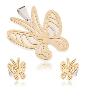 Čelični set zlatne i srebrne boje, privjesak i naušnice, pjeskareni leptir