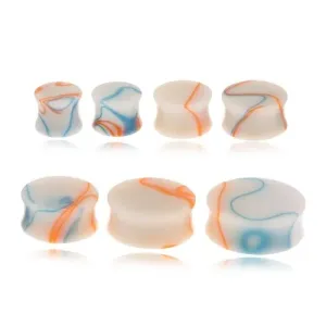 Akrilni čepić za uho, bež boja, plave i narančaste linije - Širina: 14 mm, Boja: Plavo - narančasto