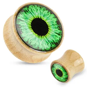 Drveni čep za uši - svijetlosmeđa boja, prozirna glazura, zeleno oko - Širina: 12 mm