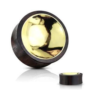 Drveni plug za uho - crno-smeđe boje, krug zlatne boje - Širina: 19 mm