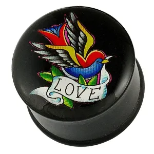 Piercing, plug - ptica u boji, vrpca LOVE - Širina piercinga: 10 mm