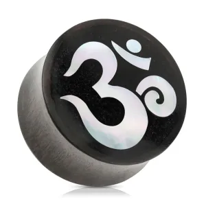 Sedlasti čepić za uho izrađen od drveta crne boje, duhovni Yoga simbol OM - Širina: 25 mm