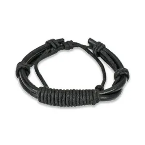 Black leather bracelet - round wrapped strings