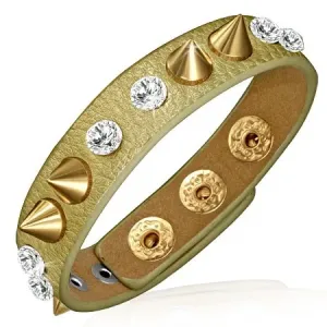 Kožna narukvica - zlatni obruč sa prozirnim umjetnim dijamatnima i zlatnim konusima