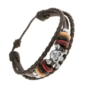 Višestruka narukvica napravljena od kože i uzica, perle napravljene od čelika i drva, lubanja sa kostima