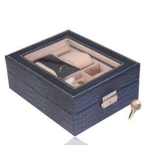 Pravokutna kutija za nakit u tamno plavoj boji - imitacija krokodilske kože, kopča, ključ