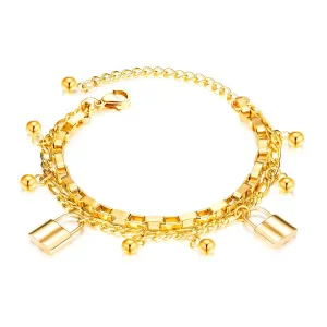 Čelična dupla narukvica - viseći lokot, perle, zlatna boja