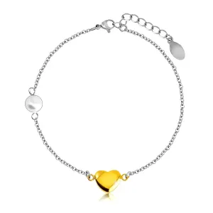 Čelična narukvica - glatko sjajno srce u zlatnoj boji, biserna perla, fini lančić