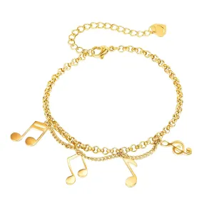 Čelična narukvica sa muzikalnim motivom - note i visoki ključ, srcoliki smajlić, zlatna boja