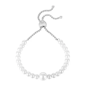 Čelična narukvica u srebrnoj boji - perlaste bijele perle, prozirni cirkon, klizeća kopča
