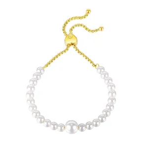 Čelična narukvica u zlatnoj boji - perlaste bijele perle, prozirni cirkon, klizeća kopča