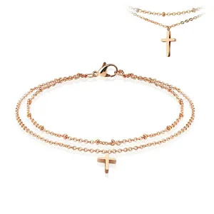 Čelični dupli lančić za ruku ili gležanj - glatki križ, zakošene perle, bakrena boja