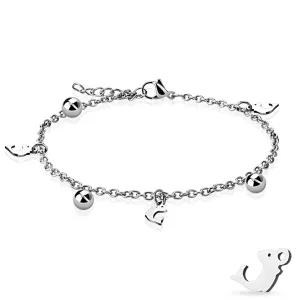 Čelični lančić za ruku ili gležanj - glatki delfine i perle, srebrna boja