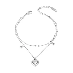 Dvostruki lančić za ruku ili nogu u čeliku, srebrna boja - konveksno srce, cirkoni, sitne perle
