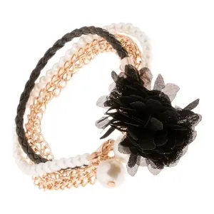 Multi narukvica - crna pletenica, lančić zlatne boje, perlice, crni cvijet