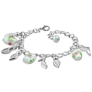 Narukvica sa lančićem i privjescima - lišće, visoke pete, perle sa motivom ruže