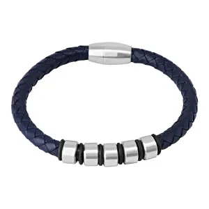 Tamnoplava kožna narukvica - pleteni konac s metalnim valjcima i gumenim vrpcama, magnetsko pričvršćivanje
