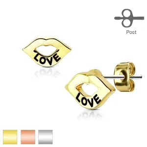 Naušnice od nehrđajućeg čelika, sjajna usta sa natpisom LOVE, dugmad - Boja: Zlatna