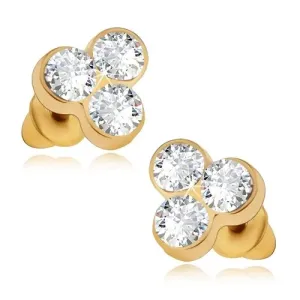 Sjajne dugme naušnice zlatne boje, tri okrugla prozirna umjetna dijamanta