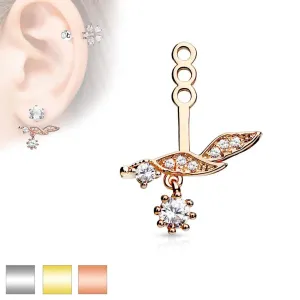 Ukras za dugme naušnicu, grana sa visećim prozirnim cirkonom - Oblik piercinga: Lijevo, Boja: Zlatna