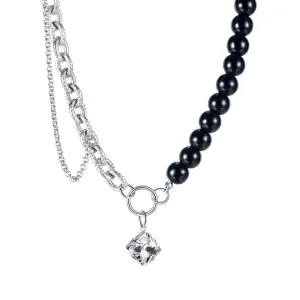 316L Čelična ogrlica - crne staklene perle, cirkon privjesak, dva tipa lančića