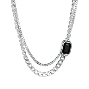 Čelična ogrlica u srebrnoj boji - crni stakleni kamen, dupli lančić