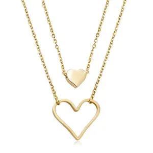 Čelična ogrlica zlatne boje, malo puno srce, velika silueta srca, dva lančića