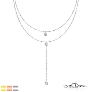 Dupla ogrlica napravljena od nehrđajućeg čelika - prozirni kristali, PVD, jastog kopča - Boja: Srebrna