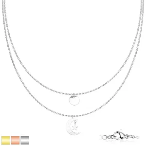 Dvostruka ogrlica od nehrđajućeg čelika - medaljon, mjesec i zvijezda, PVD, karabin kopča - Boja: Zlatna