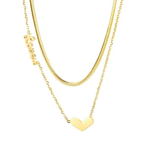 Ogrlica od čelika, zlatna boja - dvostruki lančić, privjesak srce, natpis 