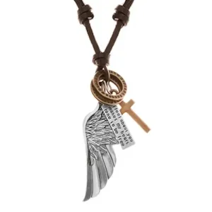 Podesiva kožna ogrlica, privjesci - krilo anđela, obruči, križ i pločica