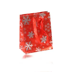 Crvena poklon vrećica - zimski motiv sa pahuljicama u  srebrnoj boji, mašne