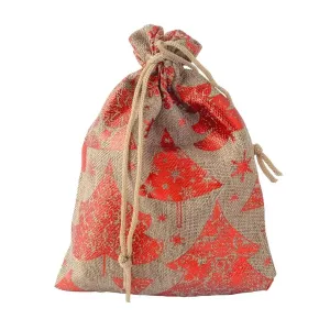 Tekstilna poklon vrećica - drvce i snježne pahulje, smeđe - crvene boje