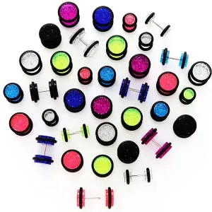 Lažni čepić sa šljokicama i crnim okruglim prstenjem - Veličina loptice: 10 mm, Piercing boja: Ružičasta