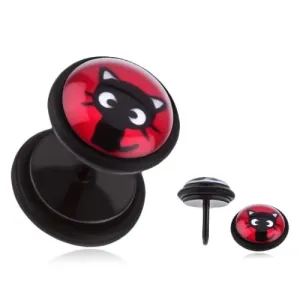 Lažni plug za uši od čelika - sjedeća crna maca, crvena pozadina