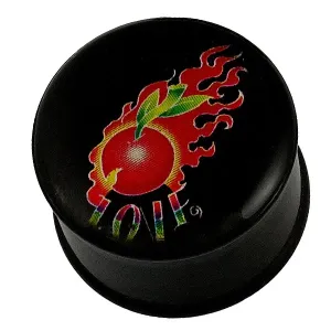 Piercing za uho - jabuka u plamenu, natpis LOVE - Širina piercinga: 10 mm