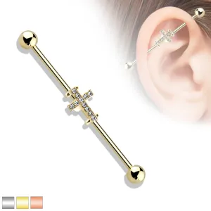 Piercing za uho napravljen od nehrđajućeg čelika. šipka završena perlama, ukrašen s križem sa kristalima - Boja: Zlatna