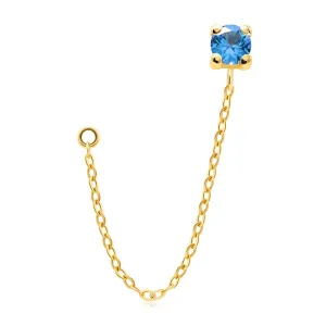 Piercing za uho u 9K žutom zlatu - klin naušnice sa plavim cirkonom, viseći lančić sa ovalnim karikama