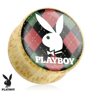 Plug za uho od bambusovog drveta, Playboyev zečić na kariranoj podlozi - Širina: 25 mm