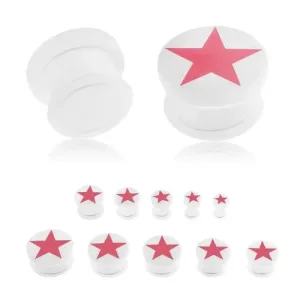 Proširivač za uho, akrilik bijele boje, ružičasta petokraka zvijezda, prozirna gumica - Širina: 12 mm