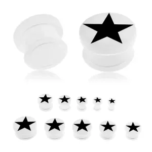 Proširivač za uho od akrilika bijele boje, crna petokraka zvijezda, prozirna gumica - Širina: 12 mm