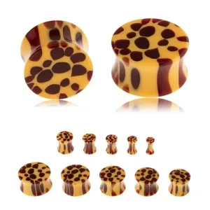 Sedlasti čepić za uho od akrila, žuta boja, smeđe točke - uzorak leopardove kože  - Širina: 10 mm